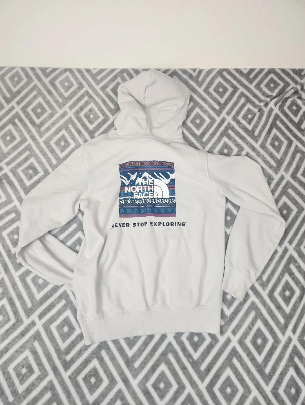 The North Face Never Stop Exploring Cream Hoodie with Blue & Purple Graphic